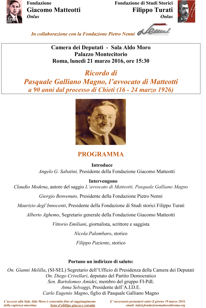 Galliano Magno - 90°  Processo Matteotti 21_03_16 Programma Invito